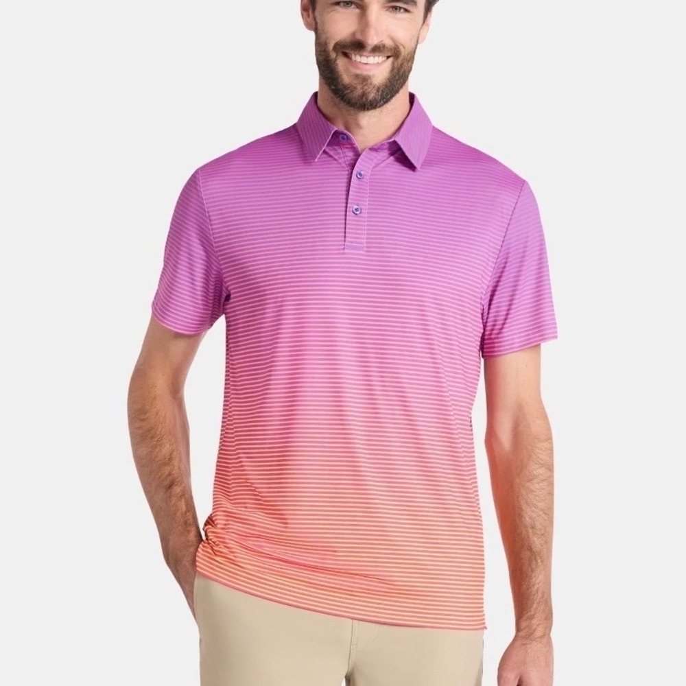 New! Birdie Bound Mens Sunset Ombre Performance Striped Athletic Polo Size Small